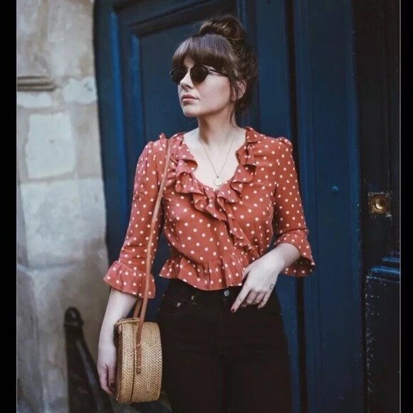 Realisation Par Cher Wrap Polka Dot Ruffle Top Rust 100% Silk M - Picture 1 of 7